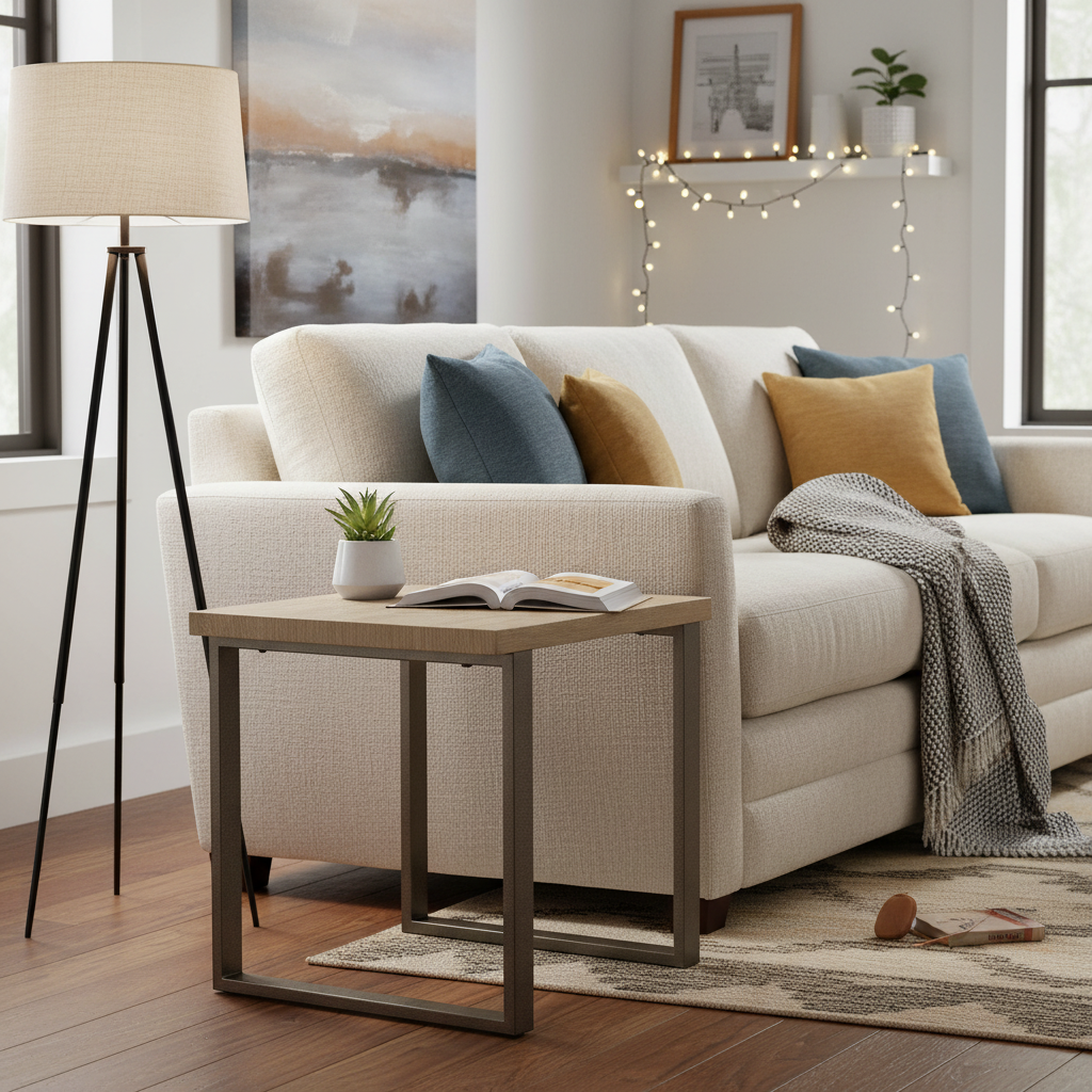 Table d'appoint avec plateau en pierre bronze et marron et piètement luge en métal – Simple