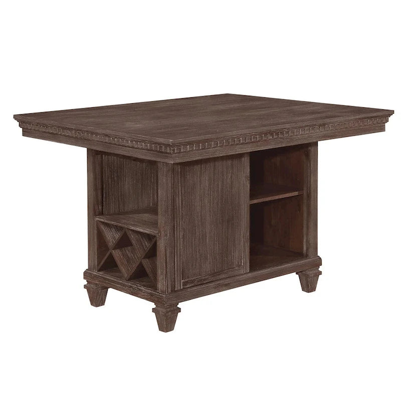 Table de salle à manger en bois brun, hauteur comptoir, avec casier à vin, porte-verres et portes coulissantes – 4 places