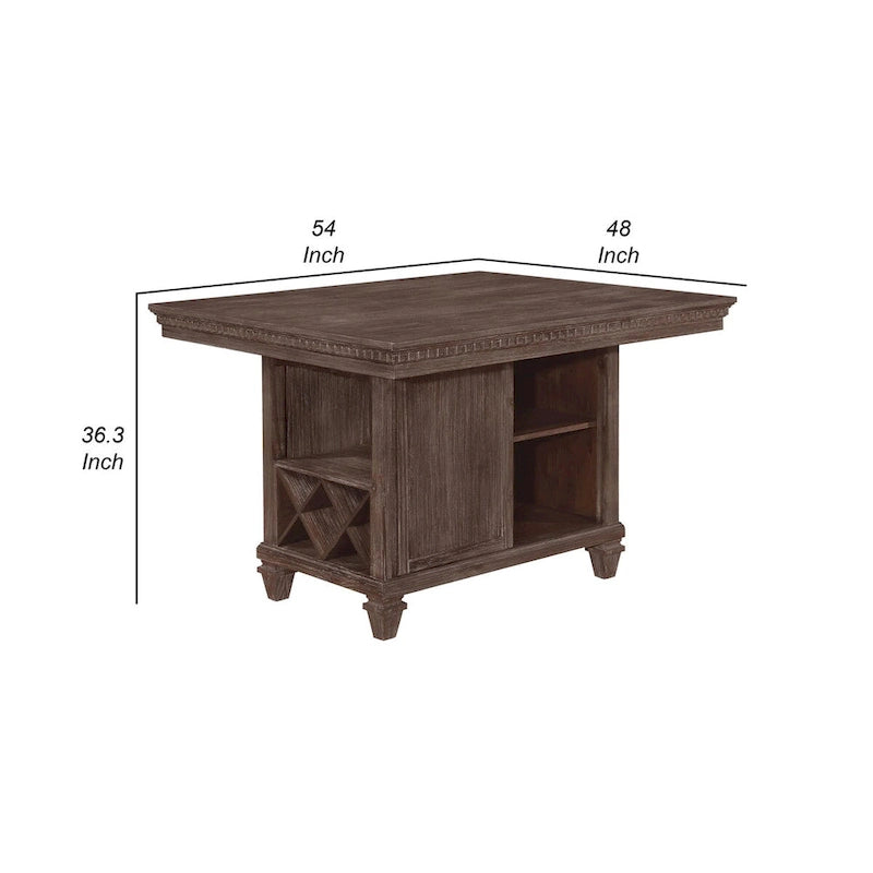 Table de salle à manger en bois brun, hauteur comptoir, avec casier à vin, porte-verres et portes coulissantes – 4 places