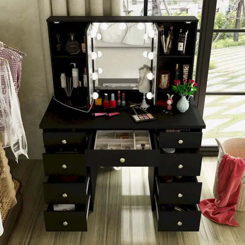 Coiffeuse Blanche / Noire avec 9 tiroirs, 3 miroirs et éclairage LED – Simple