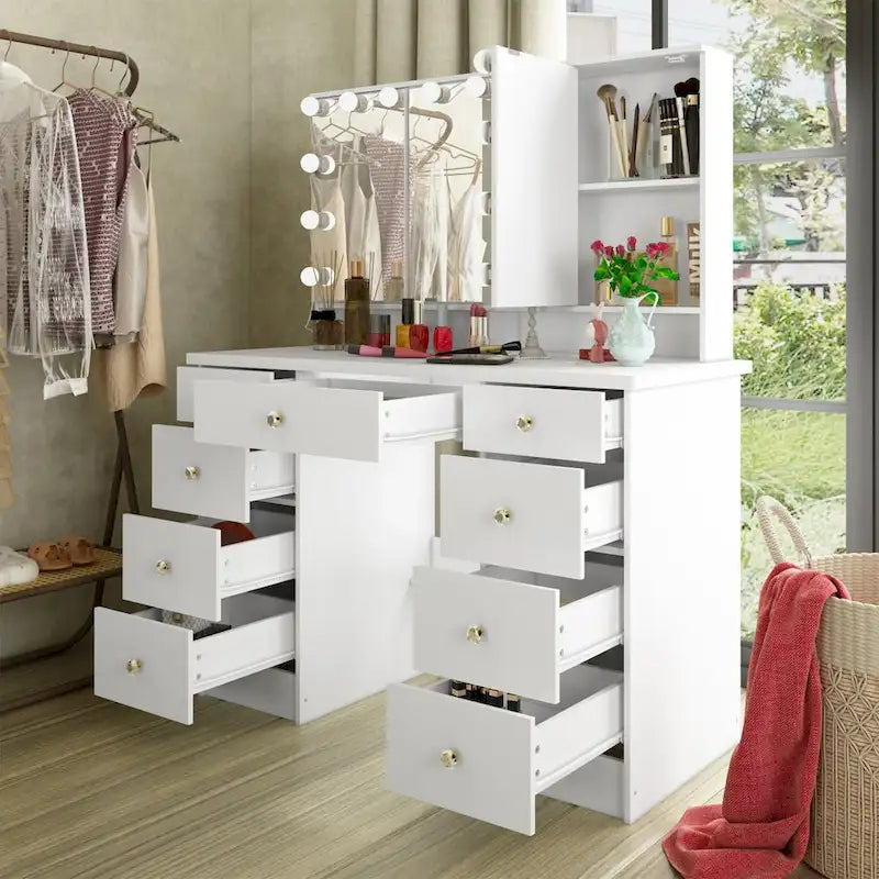 Coiffeuse Blanche / Noire avec 9 tiroirs, 3 miroirs et éclairage LED – Simple