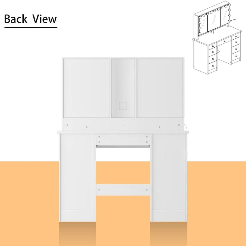 Coiffeuse Blanche / Noire avec 9 tiroirs, 3 miroirs et éclairage LED – Simple