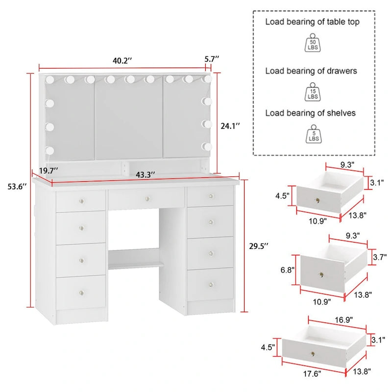 Coiffeuse Blanche / Noire avec 9 tiroirs, 3 miroirs et éclairage LED – Simple