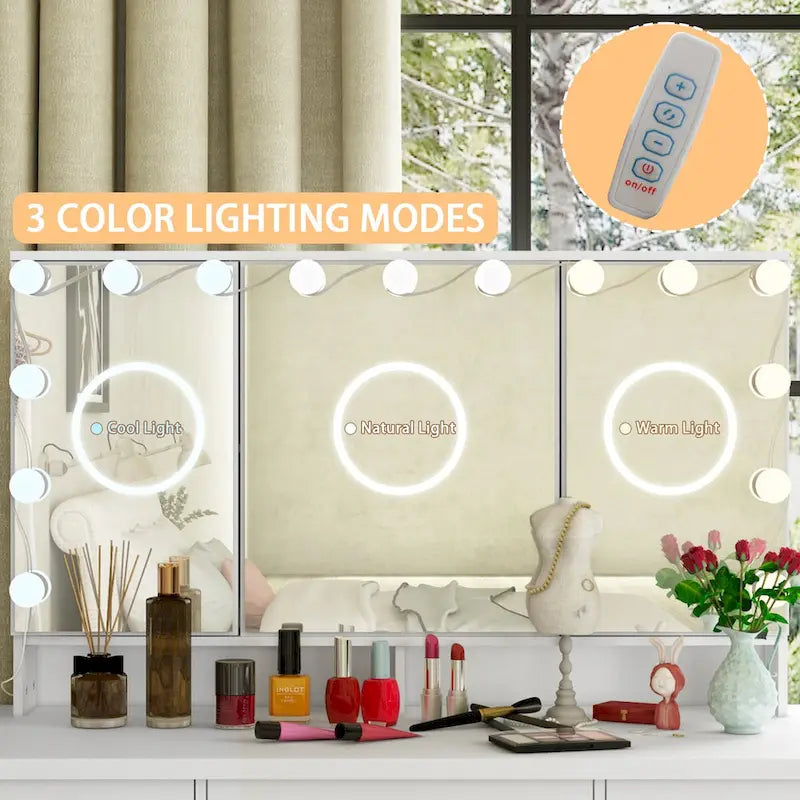 Coiffeuse Blanche / Noire avec 9 tiroirs, 3 miroirs et éclairage LED – Simple