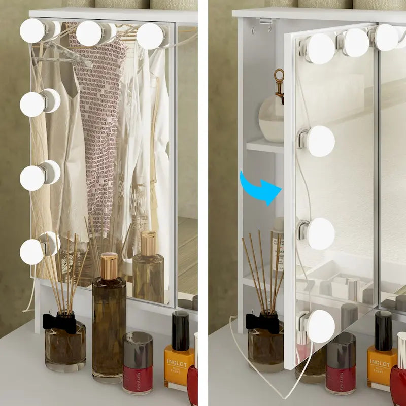 Coiffeuse Blanche / Noire avec 9 tiroirs, 3 miroirs et éclairage LED – Simple