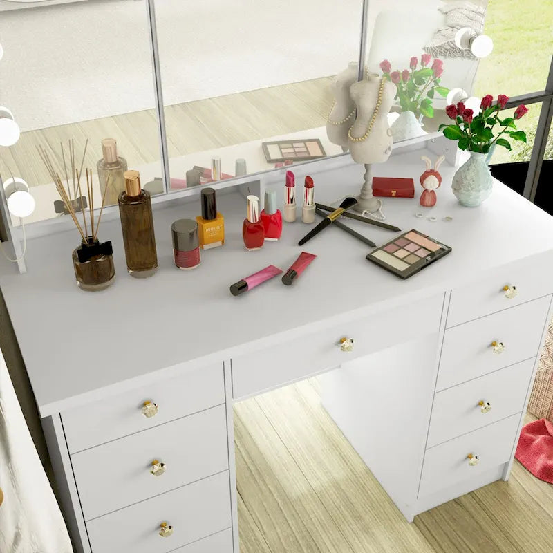 Coiffeuse Blanche / Noire avec 9 tiroirs, 3 miroirs et éclairage LED – Simple