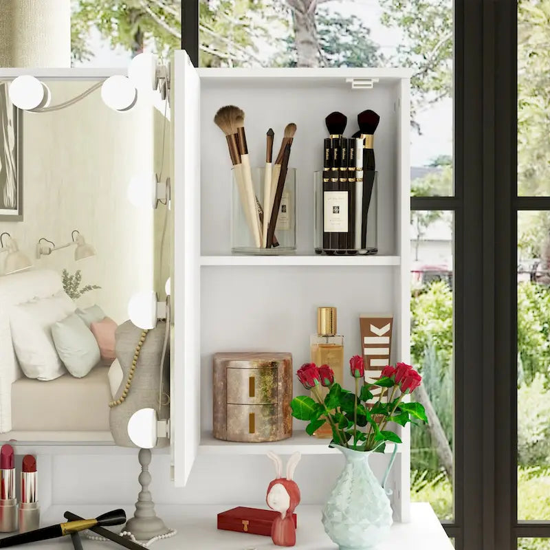 Coiffeuse Blanche / Noire avec 9 tiroirs, 3 miroirs et éclairage LED – Simple