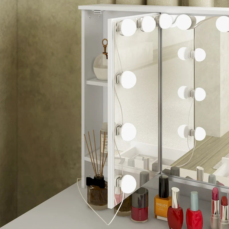 Coiffeuse Blanche / Noire avec 9 tiroirs, 3 miroirs et éclairage LED – Simple