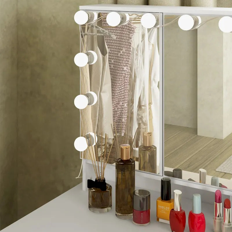 Coiffeuse Blanche / Noire avec 9 tiroirs, 3 miroirs et éclairage LED – Simple
