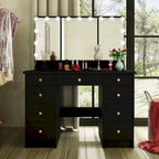 Coiffeuse Blanche / Noire avec 9 tiroirs, 3 miroirs et éclairage LED – Simple