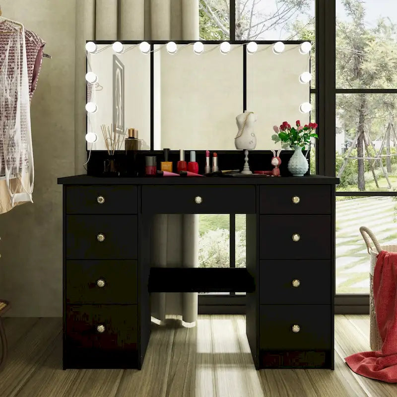 Coiffeuse Blanche / Noire avec 9 tiroirs, 3 miroirs et éclairage LED – Simple
