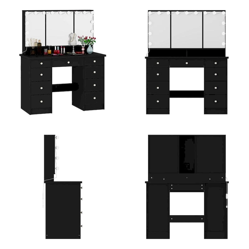 Coiffeuse Blanche / Noire avec 9 tiroirs, 3 miroirs et éclairage LED – Simple