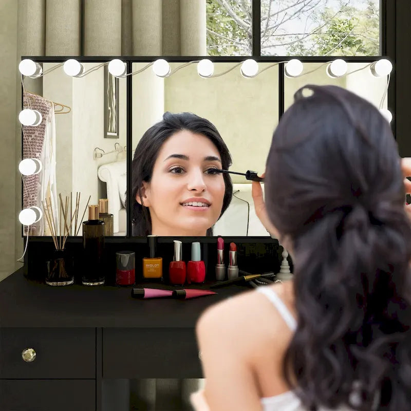 Coiffeuse Blanche / Noire avec 9 tiroirs, 3 miroirs et éclairage LED – Simple