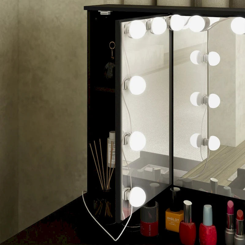 Coiffeuse Blanche / Noire avec 9 tiroirs, 3 miroirs et éclairage LED – Simple