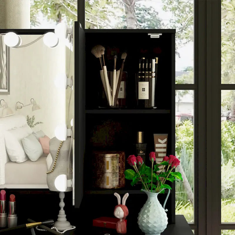 Coiffeuse Blanche / Noire avec 9 tiroirs, 3 miroirs et éclairage LED – Simple
