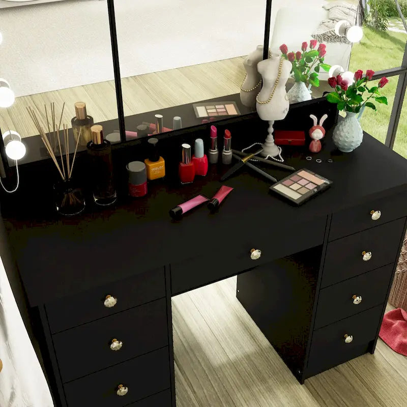 Coiffeuse Blanche / Noire avec 9 tiroirs, 3 miroirs et éclairage LED – Simple
