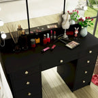 Coiffeuse Blanche / Noire avec 9 tiroirs, 3 miroirs et éclairage LED – Simple