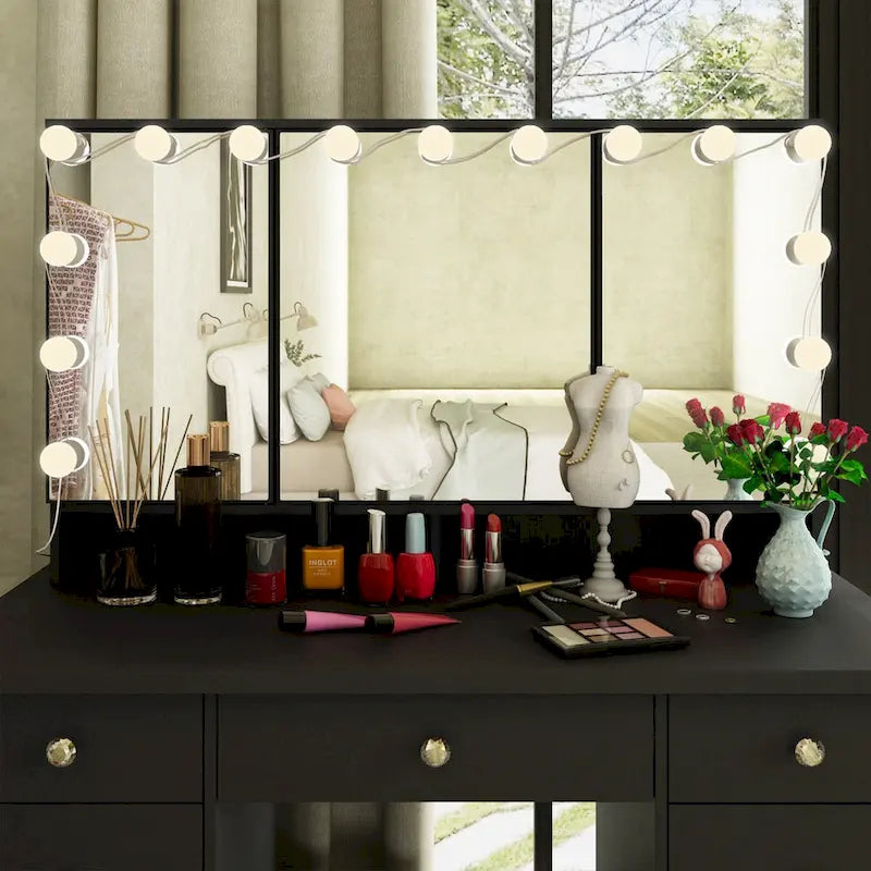 Coiffeuse Blanche / Noire avec 9 tiroirs, 3 miroirs et éclairage LED – Simple