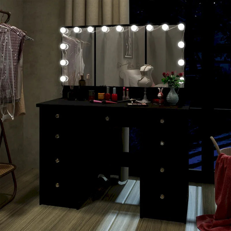 Coiffeuse Blanche / Noire avec 9 tiroirs, 3 miroirs et éclairage LED – Simple