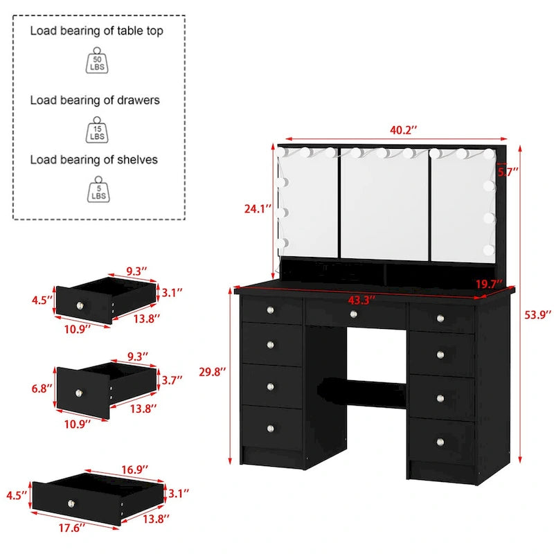 Coiffeuse Blanche / Noire avec 9 tiroirs, 3 miroirs et éclairage LED – Simple