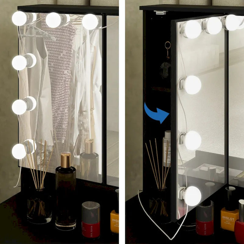 Coiffeuse Blanche / Noire avec 9 tiroirs, 3 miroirs et éclairage LED – Simple
