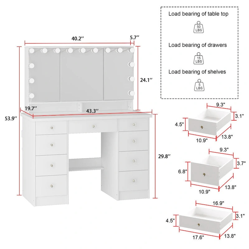 Coiffeuse Blanche / Noire avec 9 tiroirs, 3 miroirs et éclairage LED – Simple