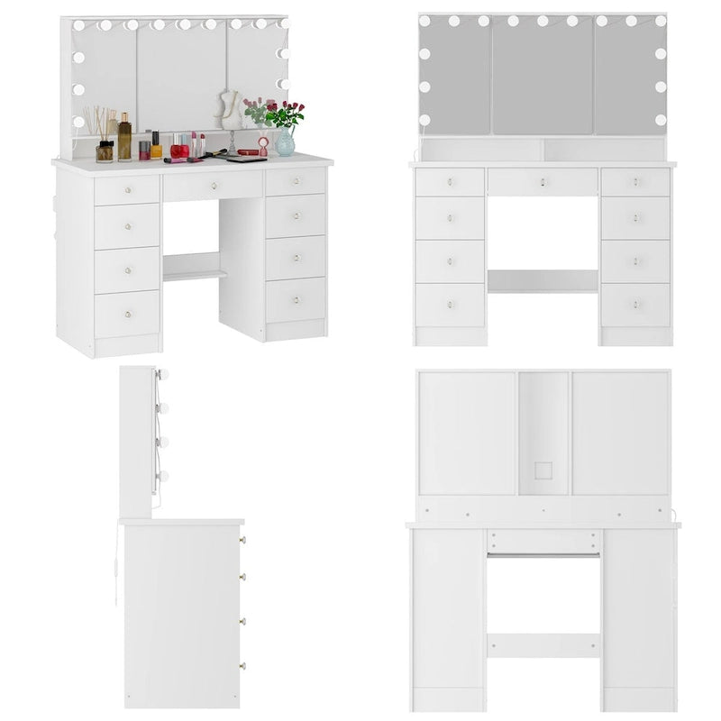 Coiffeuse Blanche / Noire avec 9 tiroirs, 3 miroirs et éclairage LED – Simple