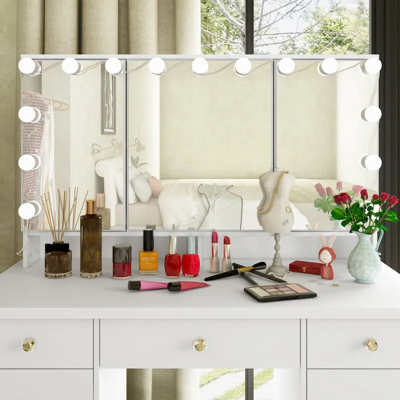 Coiffeuse Blanche / Noire avec 9 tiroirs, 3 miroirs et éclairage LED – Simple