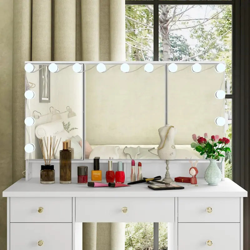 Coiffeuse Blanche / Noire avec 9 tiroirs, 3 miroirs et éclairage LED – Simple