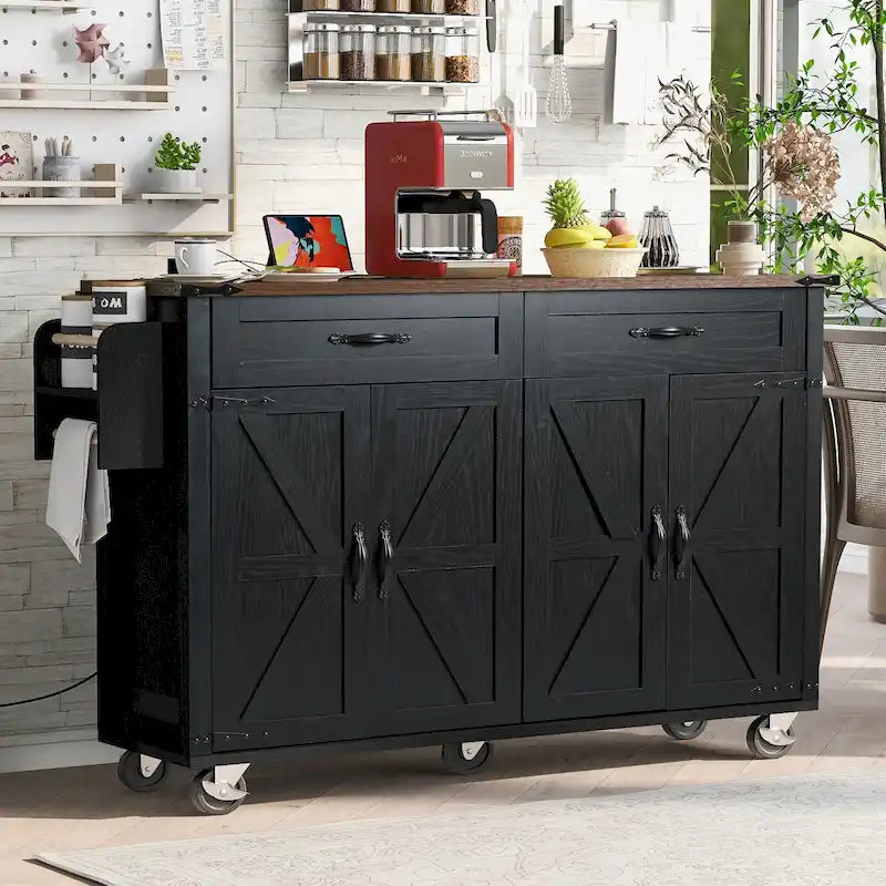 Dessin noir et blanc – Desserte de cuisine îlot à roulettes de style campagnard, avec abattant, 4 portes, 2 tiroirs et 2 prises CA + 2 prises USB