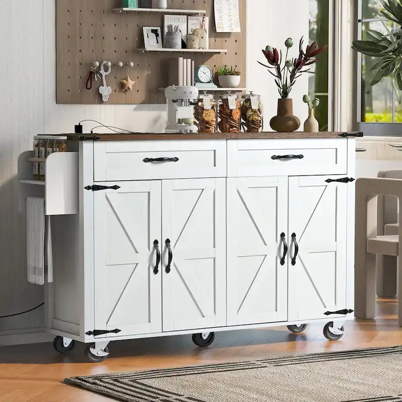 Dessin noir et blanc – Desserte de cuisine îlot à roulettes de style campagnard, avec abattant, 4 portes, 2 tiroirs et 2 prises CA + 2 prises USB