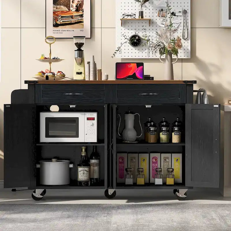 Dessin noir et blanc – Desserte de cuisine îlot à roulettes de style campagnard, avec abattant, 4 portes, 2 tiroirs et 2 prises CA + 2 prises USB