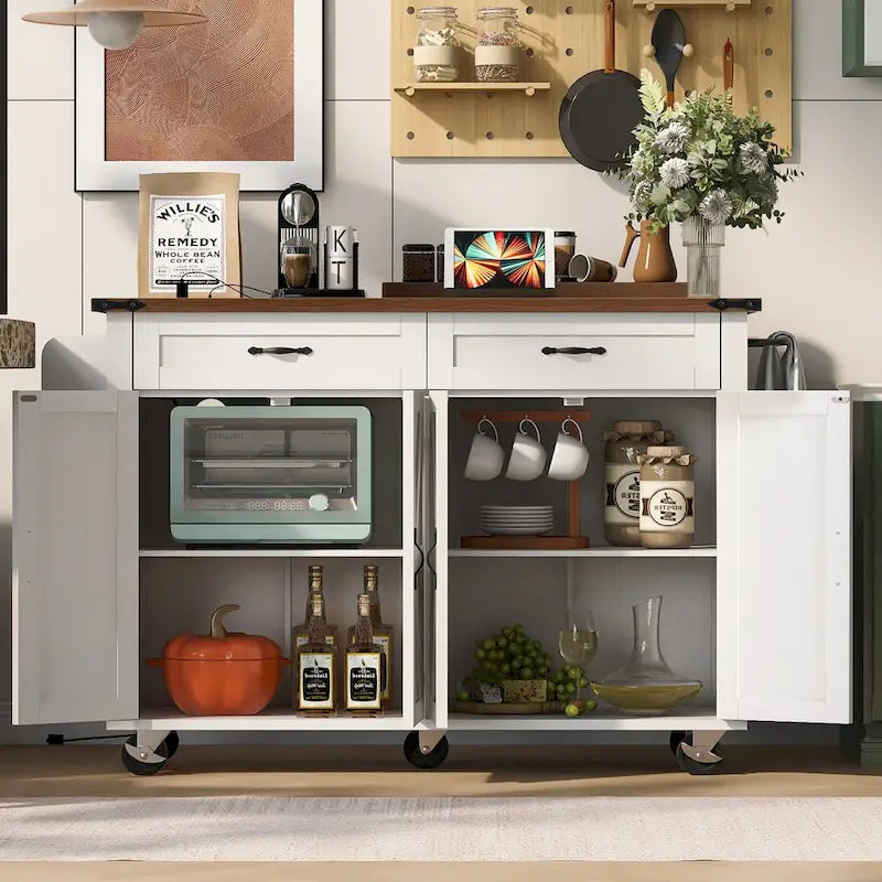 Dessin noir et blanc – Desserte de cuisine îlot à roulettes de style campagnard, avec abattant, 4 portes, 2 tiroirs et 2 prises CA + 2 prises USB