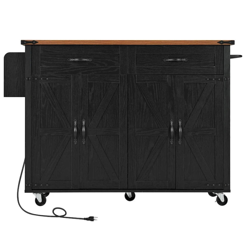 Dessin noir et blanc – Desserte de cuisine îlot à roulettes de style campagnard, avec abattant, 4 portes, 2 tiroirs et 2 prises CA + 2 prises USB