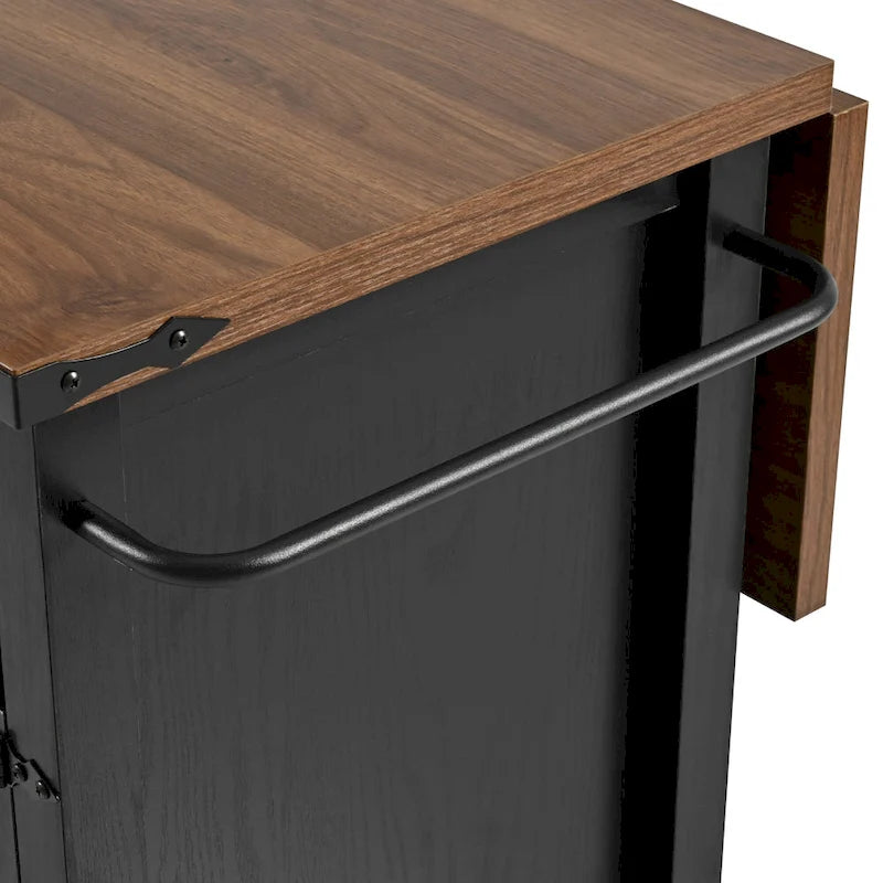 Dessin noir et blanc – Desserte de cuisine îlot à roulettes de style campagnard, avec abattant, 4 portes, 2 tiroirs et 2 prises CA + 2 prises USB