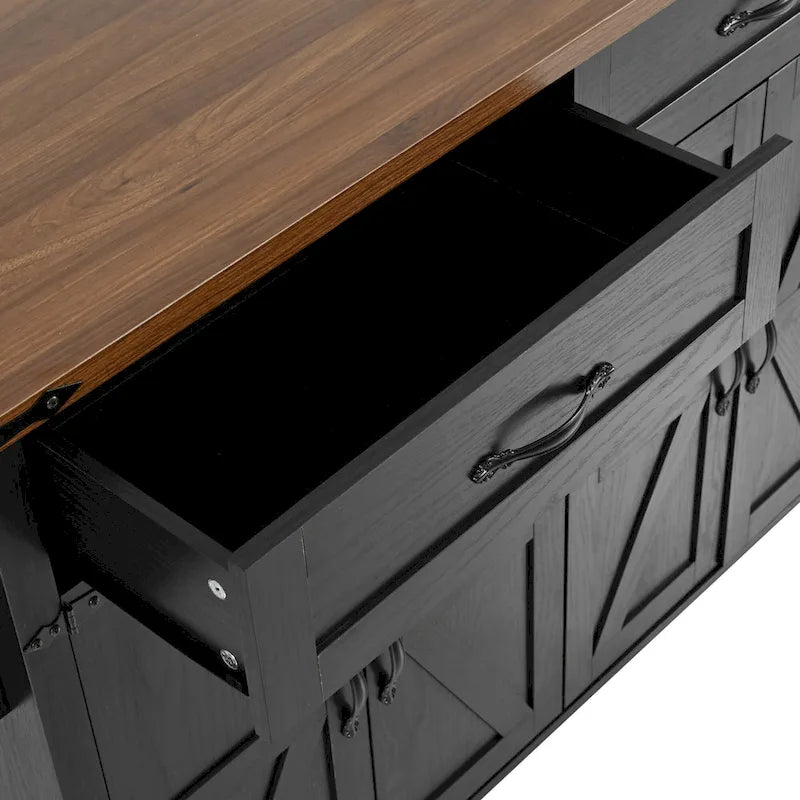 Dessin noir et blanc – Desserte de cuisine îlot à roulettes de style campagnard, avec abattant, 4 portes, 2 tiroirs et 2 prises CA + 2 prises USB