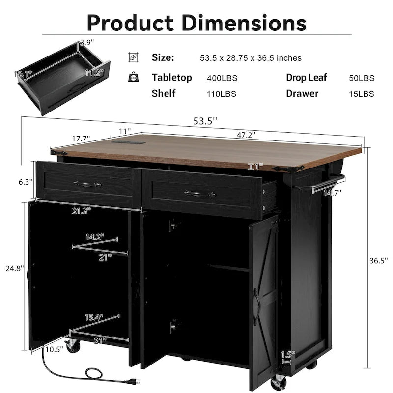 Dessin noir et blanc – Desserte de cuisine îlot à roulettes de style campagnard, avec abattant, 4 portes, 2 tiroirs et 2 prises CA + 2 prises USB