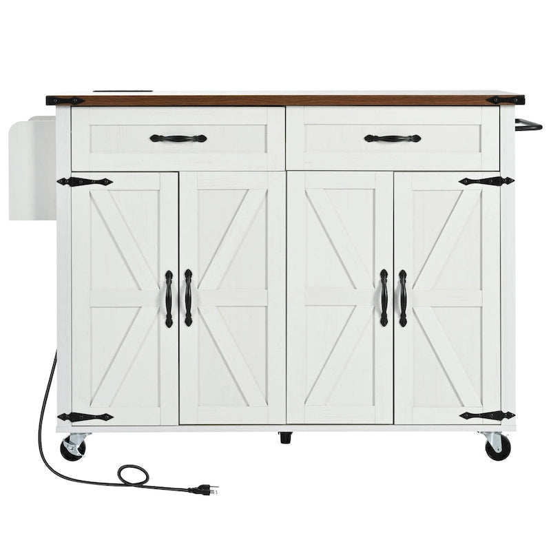Dessin noir et blanc – Desserte de cuisine îlot à roulettes de style campagnard, avec abattant, 4 portes, 2 tiroirs et 2 prises CA + 2 prises USB