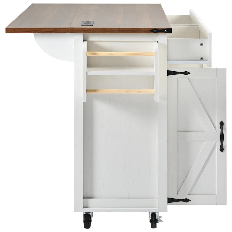 Dessin noir et blanc – Desserte de cuisine îlot à roulettes de style campagnard, avec abattant, 4 portes, 2 tiroirs et 2 prises CA + 2 prises USB