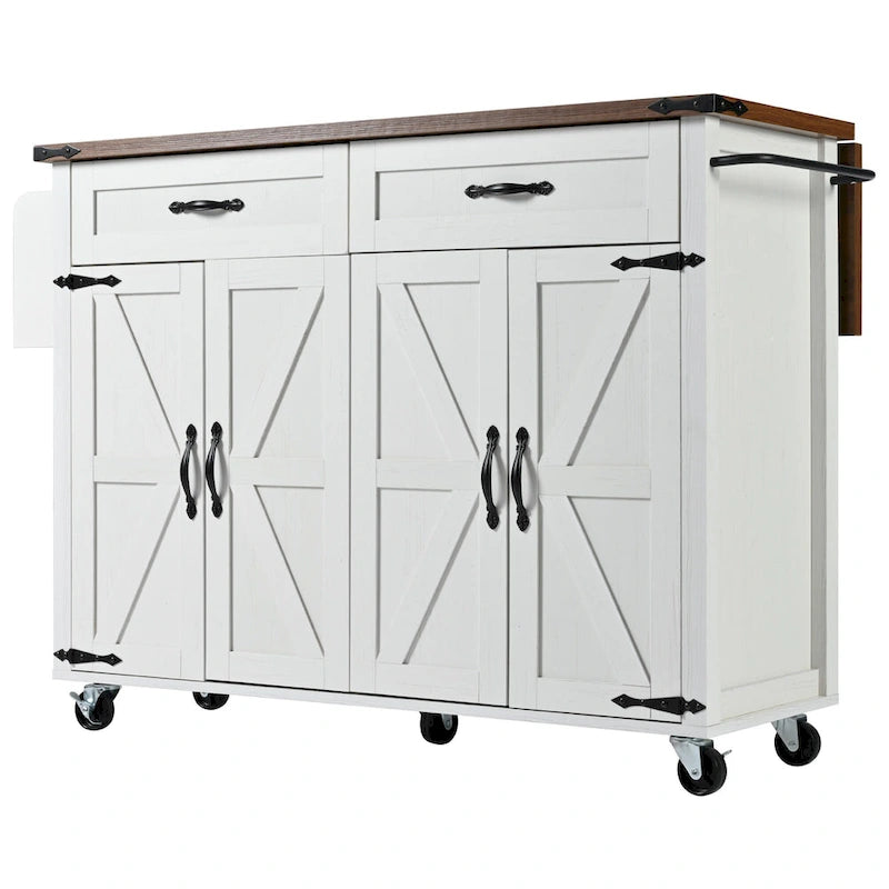 Dessin noir et blanc – Desserte de cuisine îlot à roulettes de style campagnard, avec abattant, 4 portes, 2 tiroirs et 2 prises CA + 2 prises USB