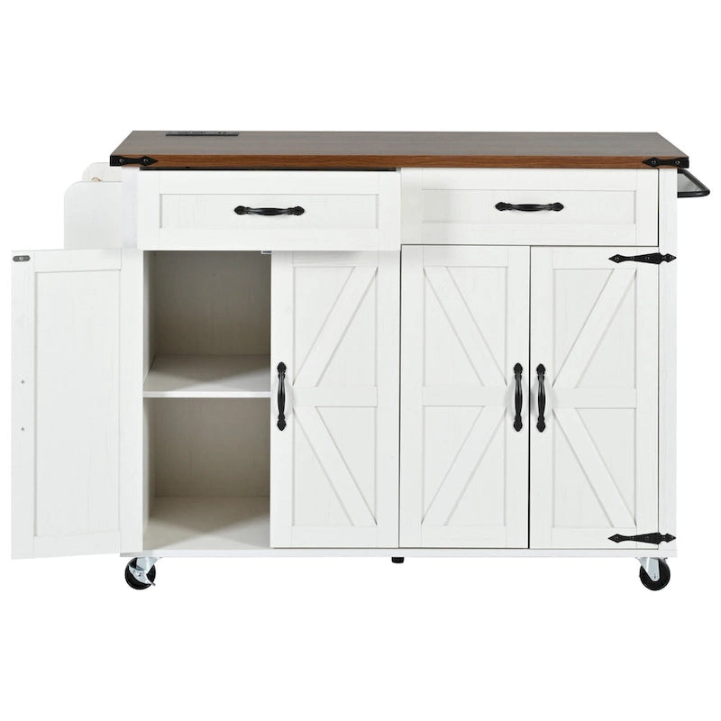 Dessin noir et blanc – Desserte de cuisine îlot à roulettes de style campagnard, avec abattant, 4 portes, 2 tiroirs et 2 prises CA + 2 prises USB