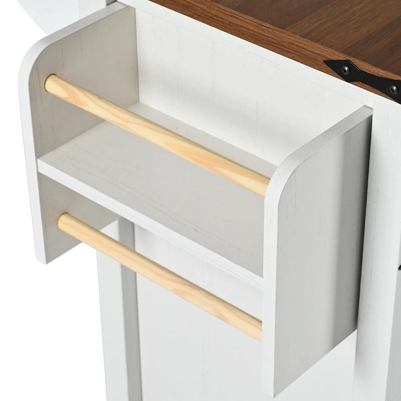 Dessin noir et blanc – Desserte de cuisine îlot à roulettes de style campagnard, avec abattant, 4 portes, 2 tiroirs et 2 prises CA + 2 prises USB