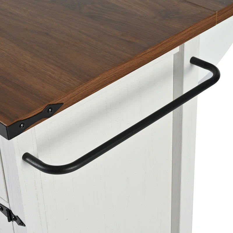 Dessin noir et blanc – Desserte de cuisine îlot à roulettes de style campagnard, avec abattant, 4 portes, 2 tiroirs et 2 prises CA + 2 prises USB