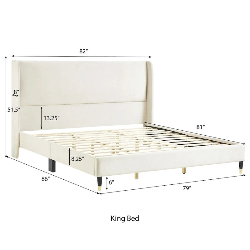Lit plateforme à oreilles en velours beige avec pieds coniques noir et or – Queen / King