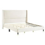 Lit plateforme à oreilles en velours beige avec pieds coniques noir et or – Queen / King