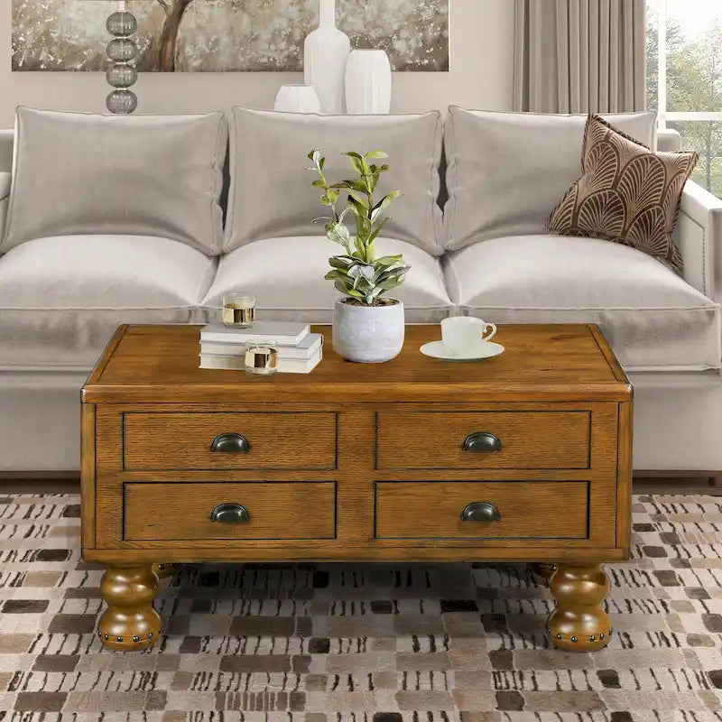 Table basse rectangulaire en bois massif antique marron / expresso avec 4 tiroirs – 101,6 cm de long
