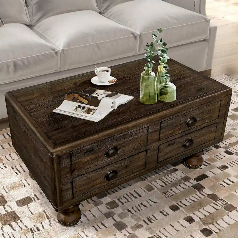 Table basse rectangulaire en bois massif antique marron / expresso avec 4 tiroirs – 101,6 cm de long