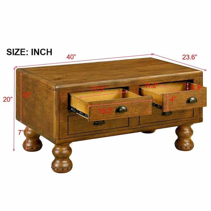 Table basse rectangulaire en bois massif antique marron / expresso avec 4 tiroirs – 101,6 cm de long