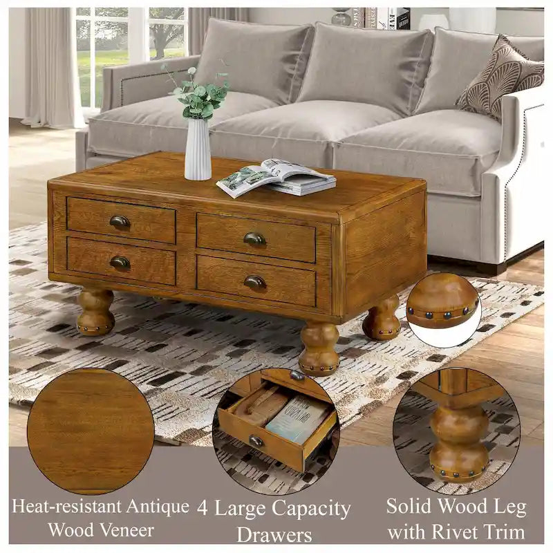 Table basse rectangulaire en bois massif antique marron / expresso avec 4 tiroirs – 101,6 cm de long
