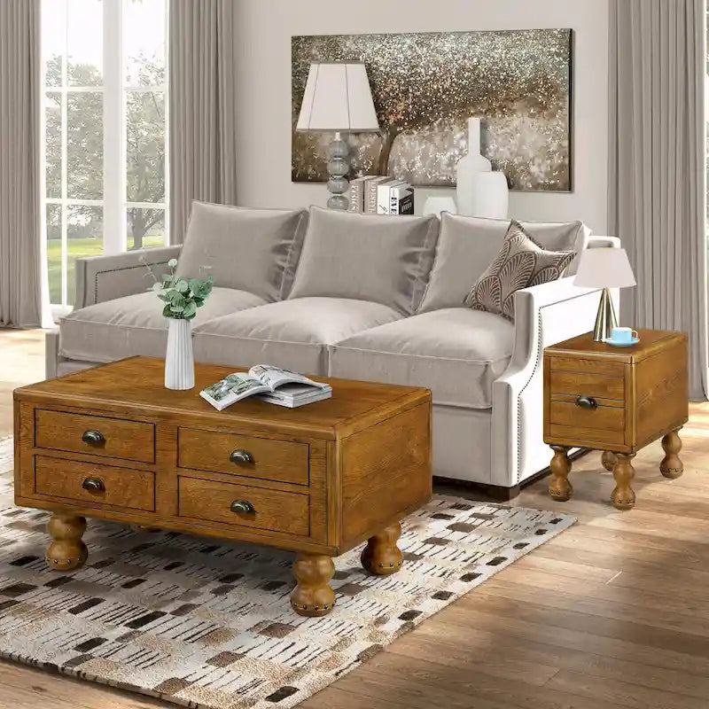 Table basse rectangulaire en bois massif antique marron / expresso avec 4 tiroirs – 101,6 cm de long